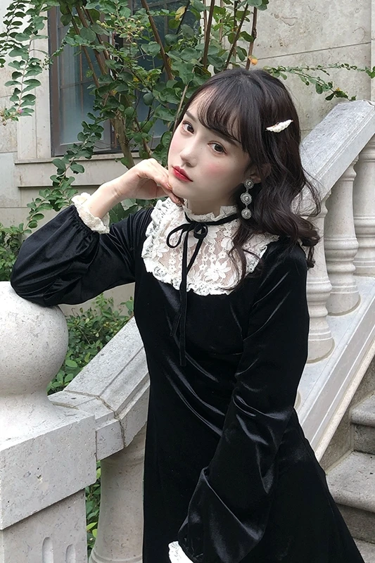 

Victorian Vintage Gothic Lolita Dress Girls Japanese Lace Patchwork Lace-up Stand Collar Velvet Mini Dress Women Punk Dresses