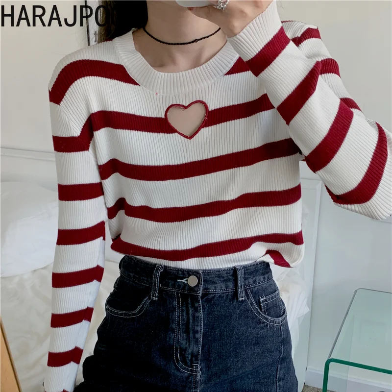 

Harajpoo Pullovers Women Striped Streetwear Knit 2021 Autumn Winter New Love Hollow Casual Long Sleeve Cute Sexy Korean Sweater