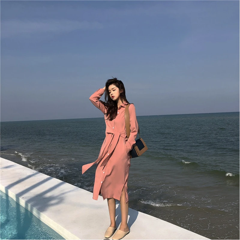 

Summer Autumn Female Bandage Shirt Fashion Long Sleeve Solid Button Sashes Dress Vestidos Hot