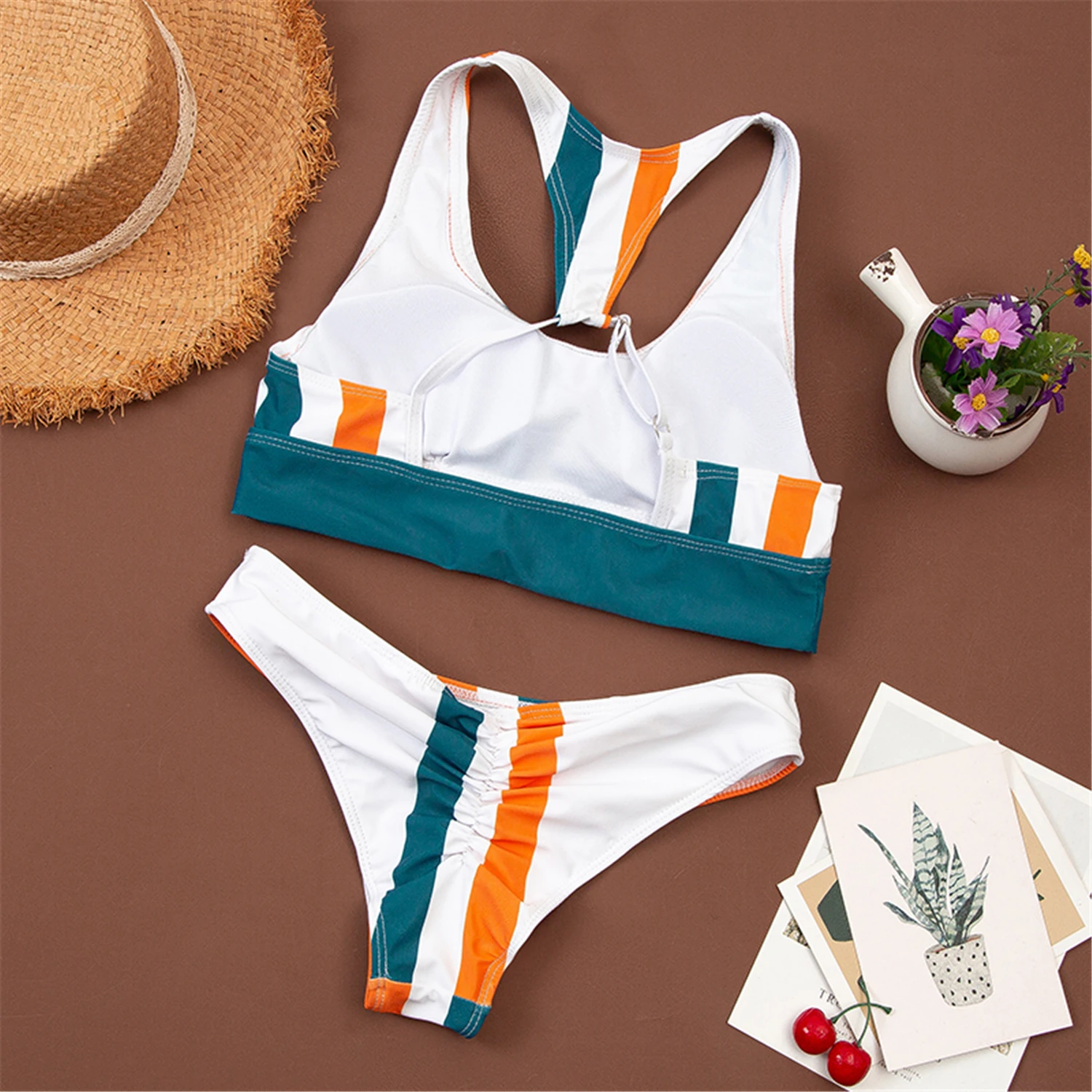 

2021 Hollow Out Bikini Set Colorful Stripe Print Swimwear Female Bathing Suit Summer Beachwear