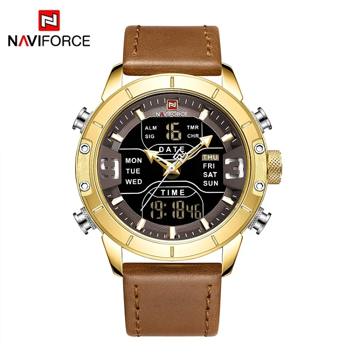 Golden NAVIFORCE аналого-цифровые часы мужские люксовый бренд из нержавеющей стали спортивные мужские часы Кварцевые водонепроницаемые мужские модные часы - Цвет: Golden