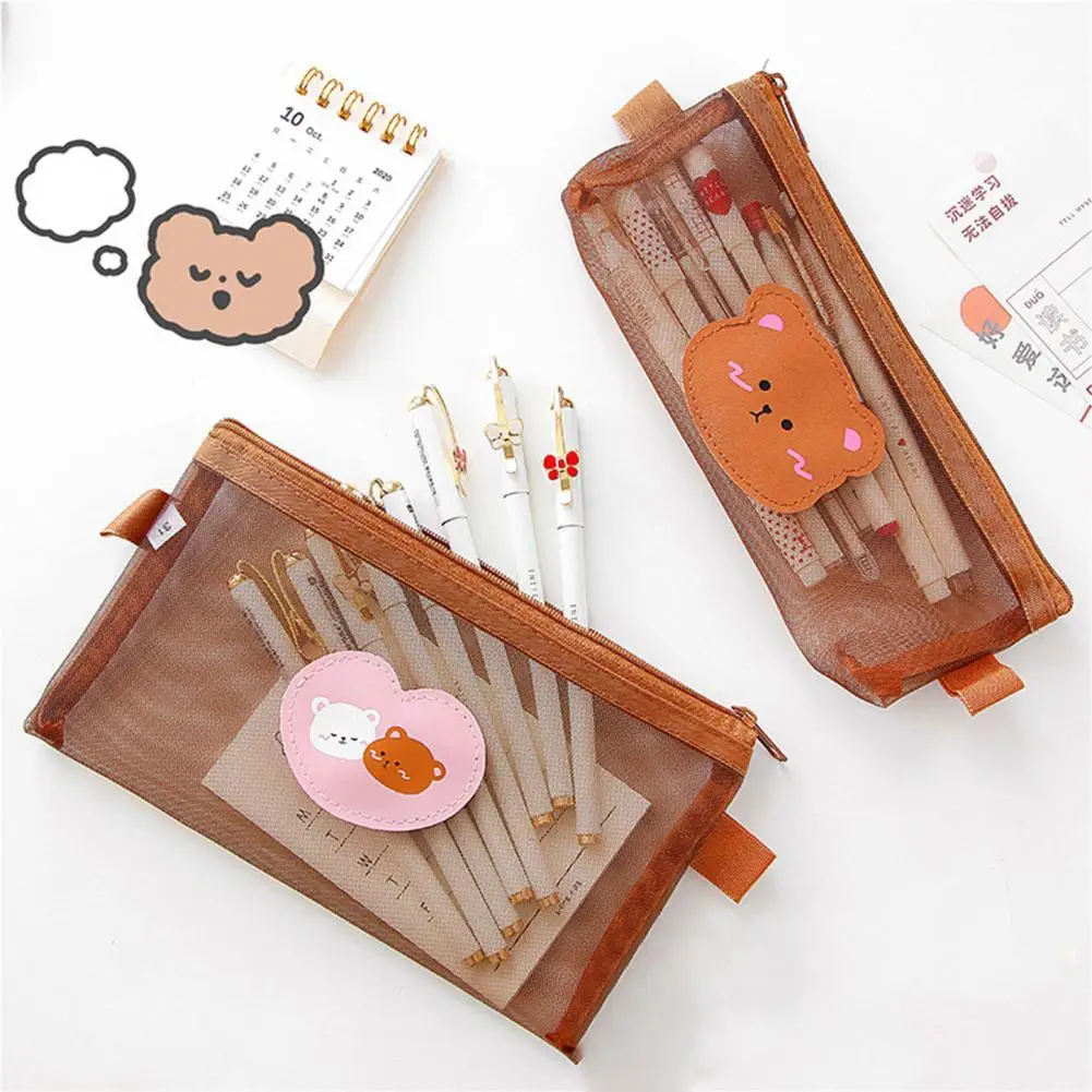 

Прозрачный сетчатый чехол для карандашей, милые коричневые мешочки с медведем, большой емкости, сетчатый чехол из пряжи на молнии для каран...