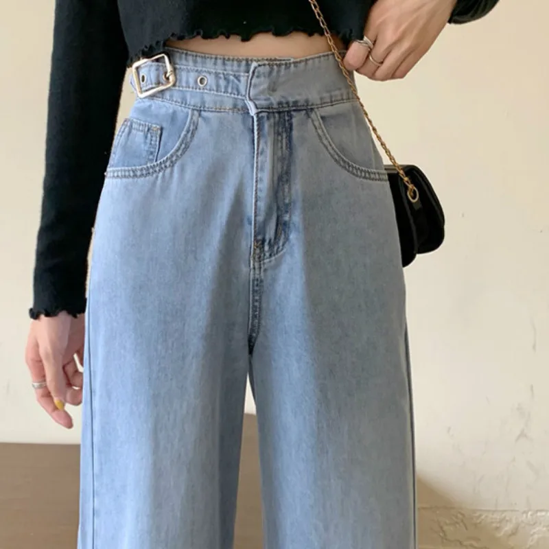 

Jeans Women Adjustable Waist Pockets Trendy Slim All-match Simple Ulzzang Streetwear Irregular Wide Leg Trousers for Womens Chic