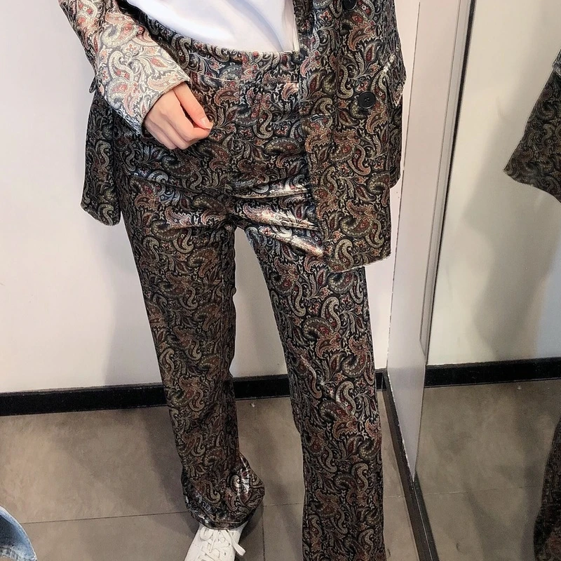 

YOSIBCD Women 2021 Fashion Paisley Print Side Pockets Velvet Pants Vintage High Waist Zipper Fly Female Ankle Trousers Mujer