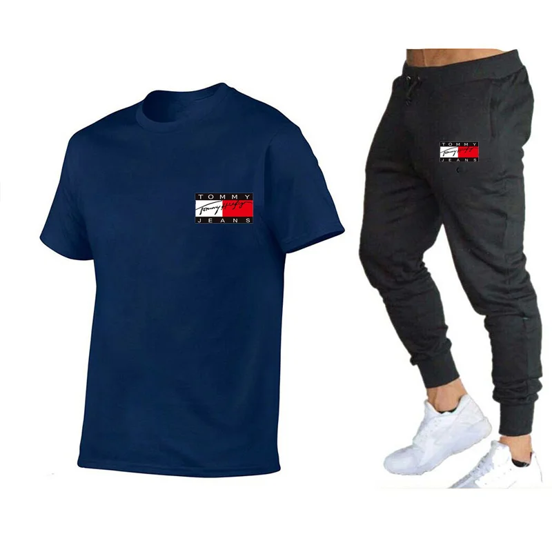 

2021 Hot-selling Fashion T-shirt Set 2-piece Men's Sports Suit Basketball Sports Short Sleeve + Long Pants Men's Fashion Suit