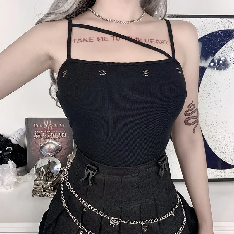 

Bodycon Women Camis Streetwear Sexy Crop Tank Tops Summer Black Button Sleeveless Tops Female Black Slim Harajuku Casual Tees