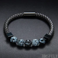 hmsfely luxury fashion men beaded black leather bracelet jewelry braided rope stainless steel magnetic bracelets bangles for men