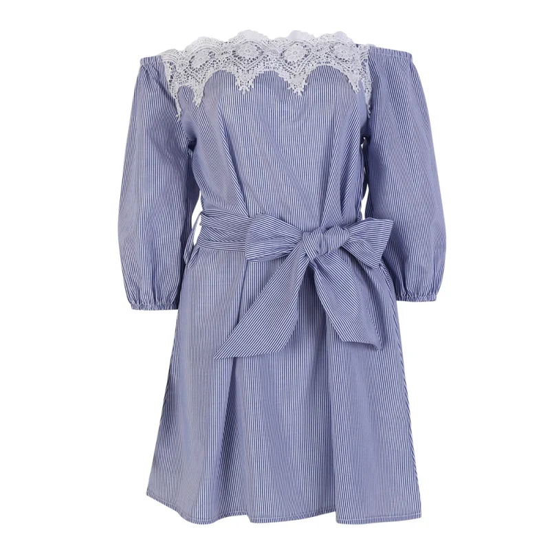 Сексуальное голубое Полосатое мини платье с открытыми плечами для женщин и