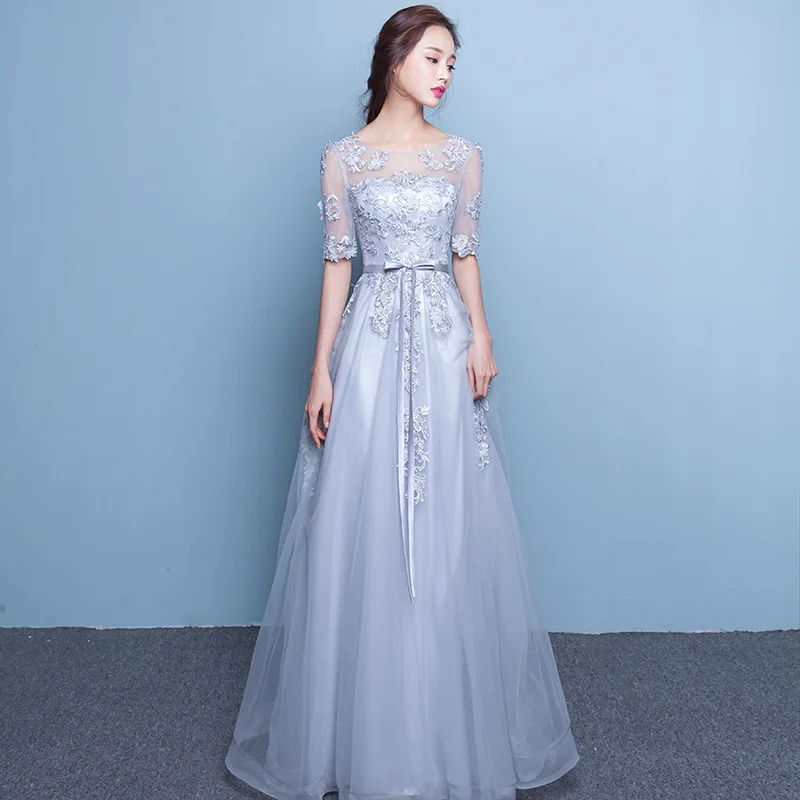 

Cheap Evening Dress Long Sheer Neck Tulle Half Sleeves A Line Prom Party Gowns Floor Length Backless Belt Vestido De
