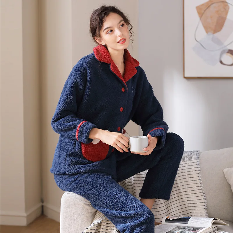

Pajamas women autumn and winter long-sleeved thickened warm lamb wool pajamas suit coral fleece can be worn outside home clothes