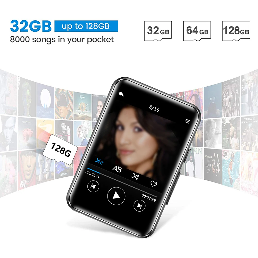 

16GB MP3 Bluetooth Player Full Touch Screen Portable Music Player For Running Line-in Recording FM Radio Video Play