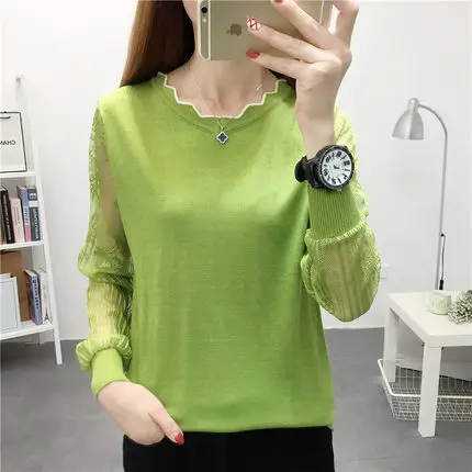 OHCLOTHING 2019New кружевной свитер женская нижняя блуза с длинным рукавом свободная весенняя новая тонкая трикотажная блузка трендовая блузка - Цвет: GL