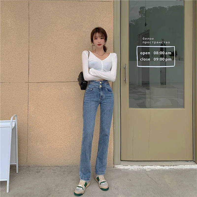 

Hollow out High Waist Jeans Women 2021 Spring Boyfriend Straight Jeans Streetwear Chic Sexy Skinny Denim Pants Blue Jeans