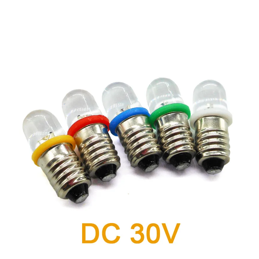 DC 30V E10 Screw Diode LED Lighting Beads Indicator Bulb Flashlight Small Lamp White Yellow Red Green Blue Color