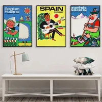 austria spain belgium holland travel poster cartoon figure canvas painting and print pop wall art picture living room home decor