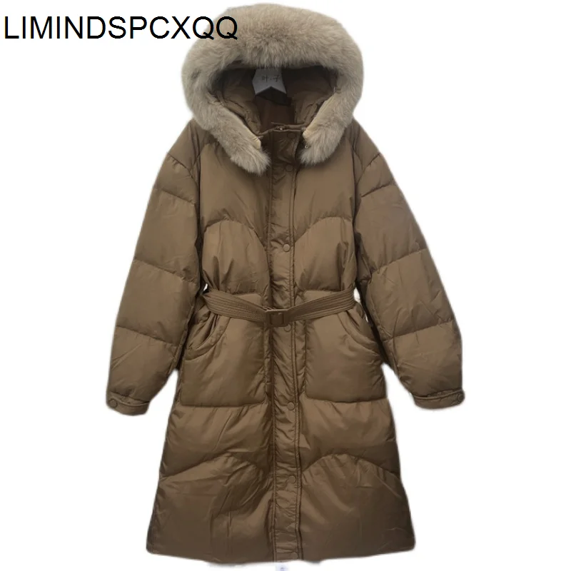 

2021 Winter Jacket Women Big Fox Fur Collar Hooded Thick Warm Long Down Parkas Female 90% White Duck Down Coat Draw Back Outwear