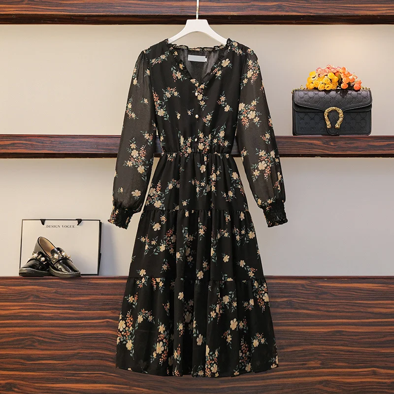 

Women Chiffon Long Dress Floral Print Long Sleeve A-line Maxi Vestidos Autumn New Elegant Vintage v Neck Winter Dresses Clothing
