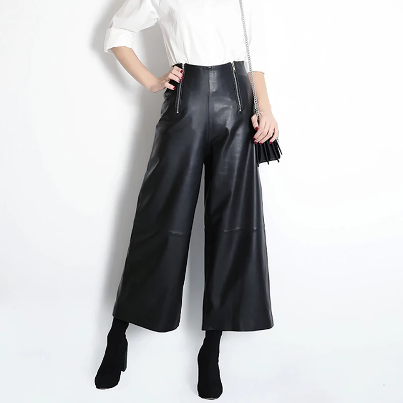 Leather Pants Women Spring And Autumn Mid Waist Sheepskin Pants Ankle Length Genuine Wide Leg Pants Women Flare Trousers
