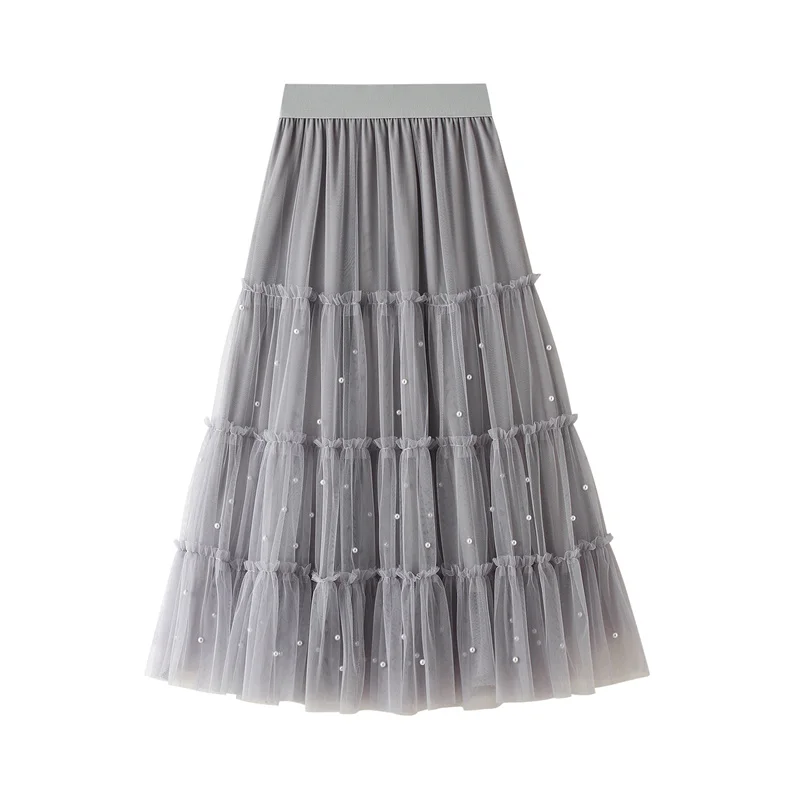 

Women Beaded A-line elastic waist Skirt, Autumn and Winter Adults Casual Style Patchwork Mesh princess Skirt for One size