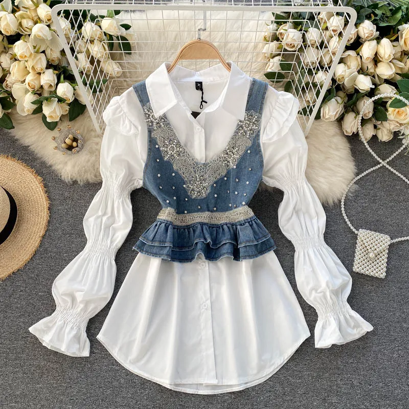 

Super Chic Handmade Beaded Peplum Denim Vest and Puffy Sleeve Shirt Street Trendy Twinset Top