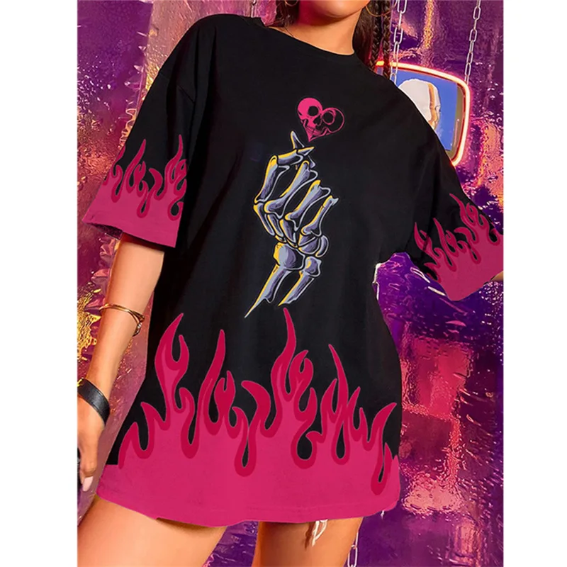 

2021 Summer Black Red Flame Print Graphic T Shirts for Women Oversized Harajuku Loose Short Sleeve Casual Streetwear Fashion Top