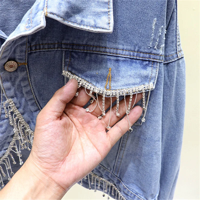 

Spring 2021 Women Manual Diamond Chain Tassel Denim Jacket Loose Single buckle Long sleeve Irregular Hem Lady Short Jean Jacket
