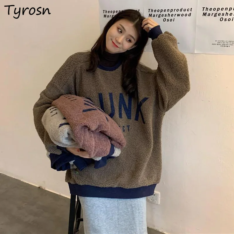 

Letter Printing Hoodies Women Retro Panelled Streetwear Loose Outwear Hot Sale Warm Thicker Lambswool Sweatshirts Mujer Ulzzang