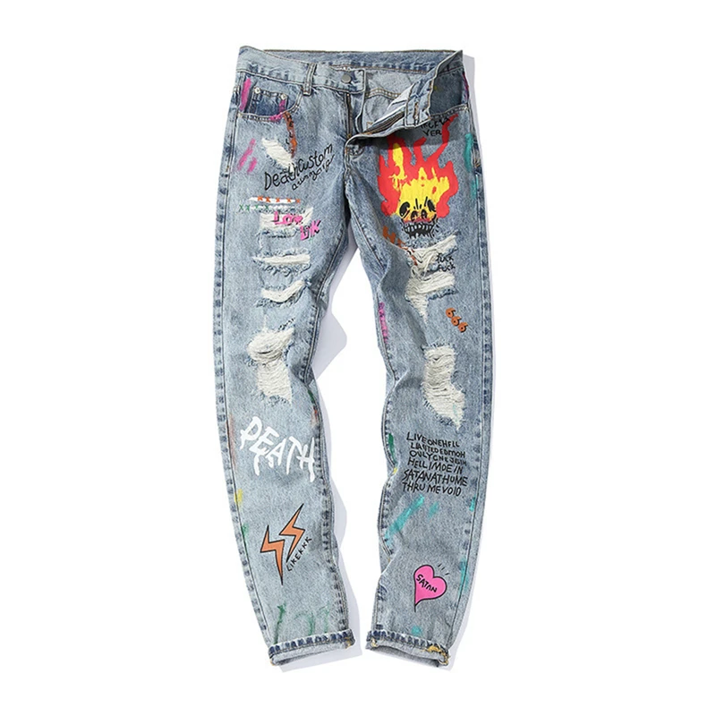 

ELKMU Skinny Jeans Men Streetwear Destroyed Ripped Jeans Hole Hip Hop Fire Letter Graffiti Print Pencil Denim Pants Male HE195