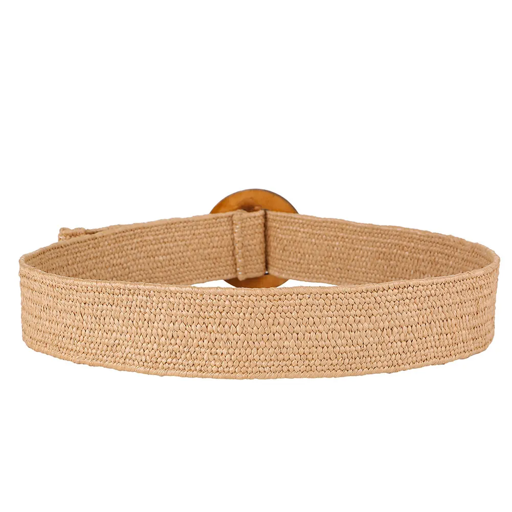 

SANWOOD Vintage Knitted Beige Waist Belt Female Round Wooden Buckle Fake Straw Adjustable Wide Belts