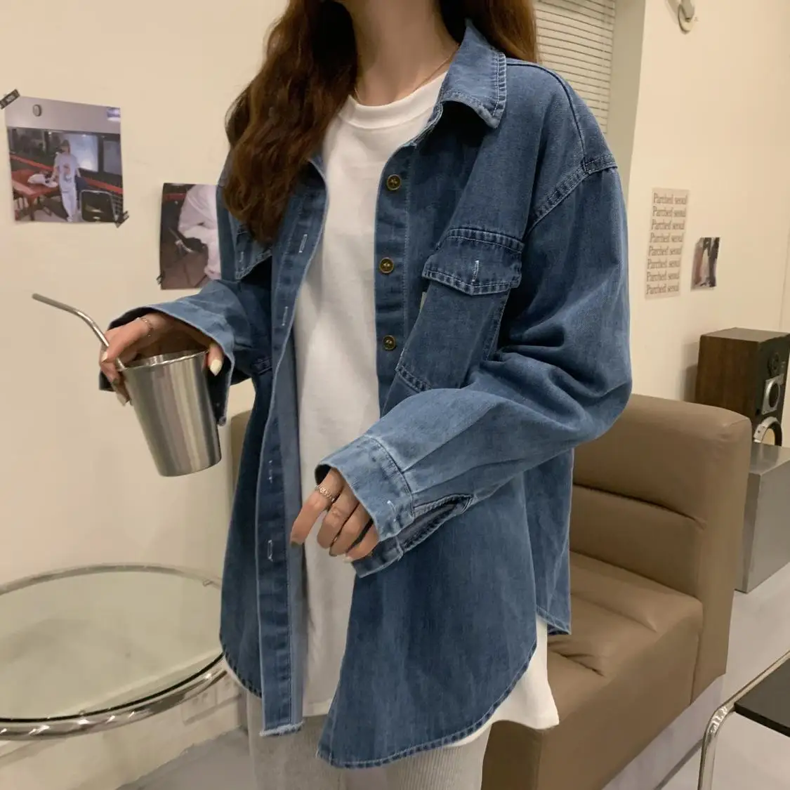 

2021 early autumn new retro Hong Kong-flavored letter label denim shirt female polo collar mid-length shirt JXMYY