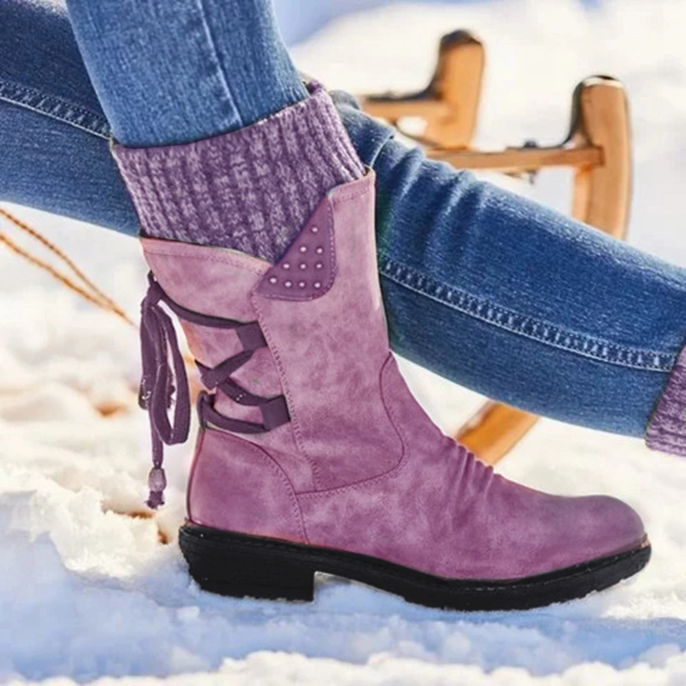 Puimentiua Winter Shoes Women Boots Basic Mid-Calf Boots Round Toe Zip Platform Decor Female Shoes Warm Lace Up Boots Shoes