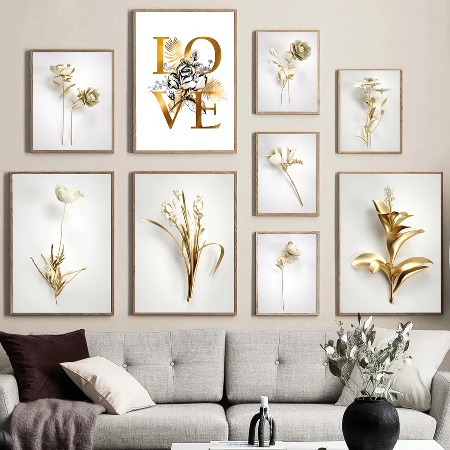 

Gold Flower Picture Home Decor Wall Canvas Painting Modern Abstract Luxury Art Poster for Living room decoration mural cuadros