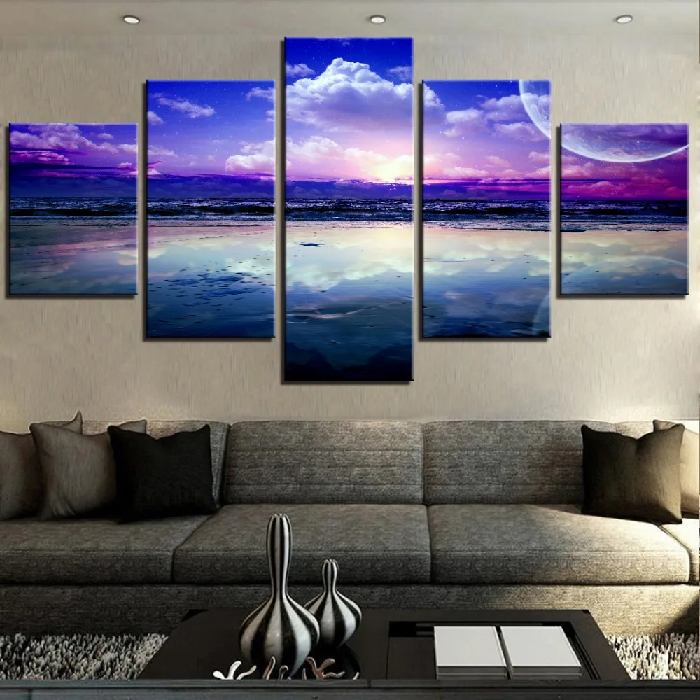 

5 Pieces Purple Sky and Lake Moon Planet Modular Wallpapers Mountain Water Pretty Landscape Posters Home Room Decor Framework