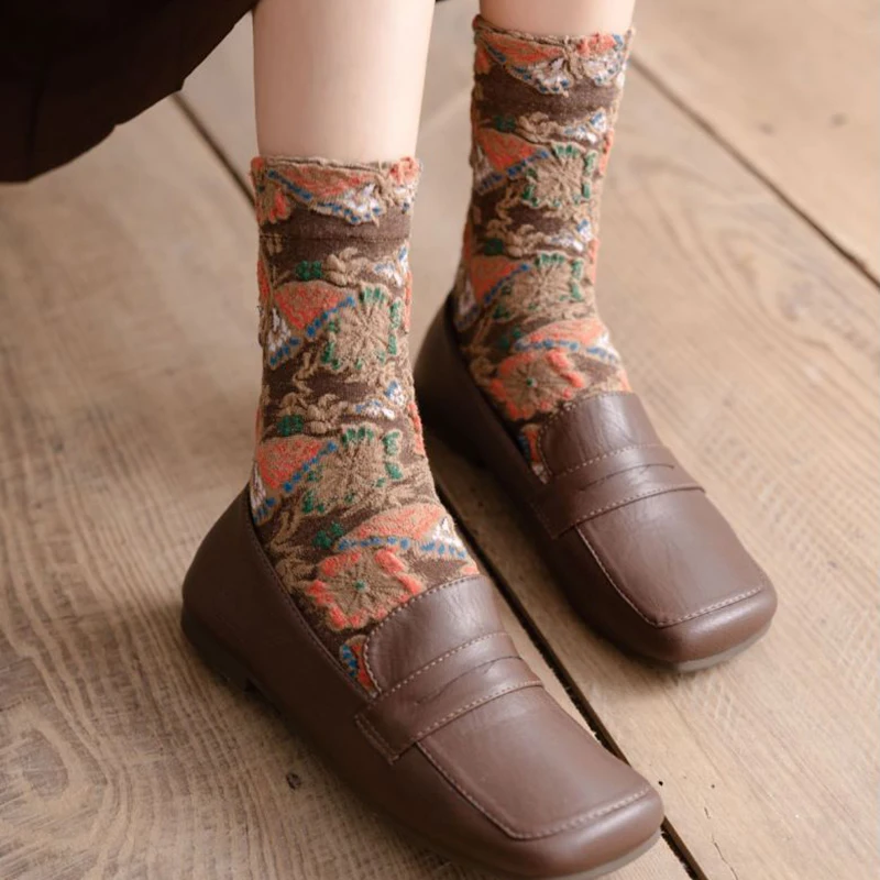 3Pair Gife For Women Winter Socks Cotton Print Folk-Custom Style   Long Socks Clothing Accessories Cute Vintage Skarpety Damskie
