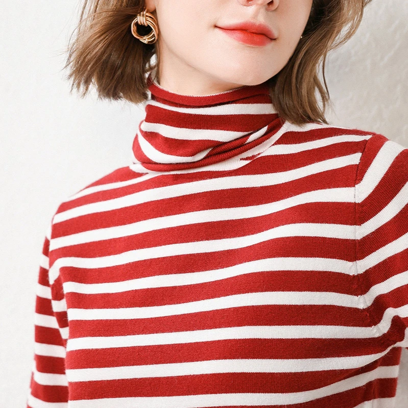 

Свитер с высоким воротником, Женская осенне-зимняя трикотажная одежда в полоску, свободный Универсальный женский свитер с толстой подкладк...