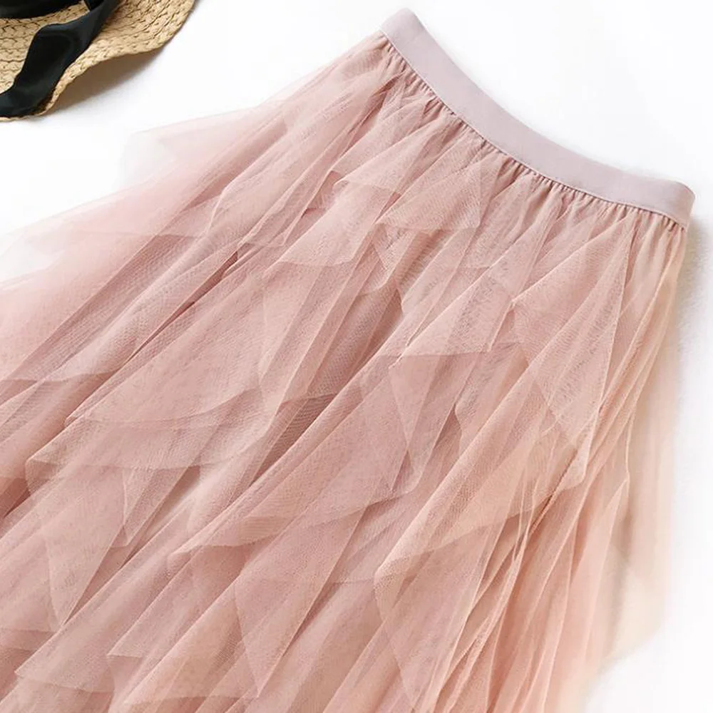 

Elastic High Waist Long Tulle Skirt Women Irregular Hem Mesh Tutu Skirt Korean Fashion Black Pink Ruffle Maxi Skirt Female Lady