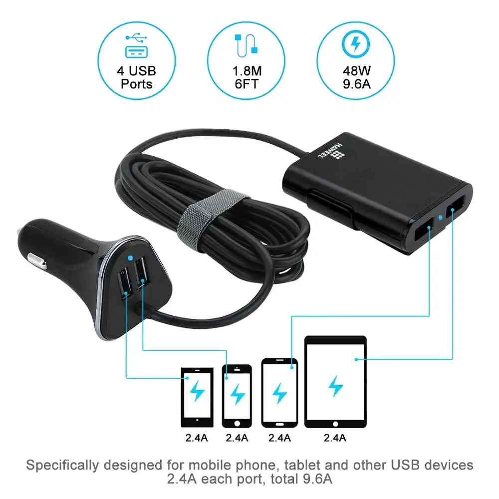 HAWEEL 9.6A Макс 4 порта USB Автомобильное зарядное устройство с расширением