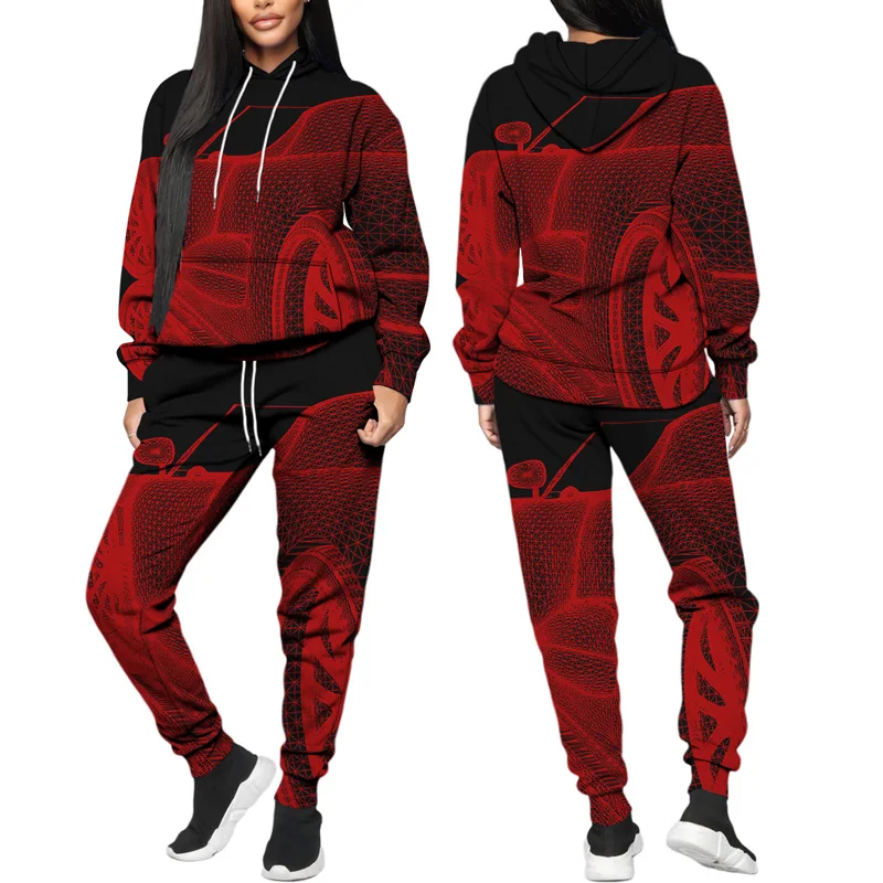 

2021 Autumn Winter Women's Hoodie Matching Trousers 3D Virtual Car Print Two Piece Same Color Female Suit Casual Jogging Style