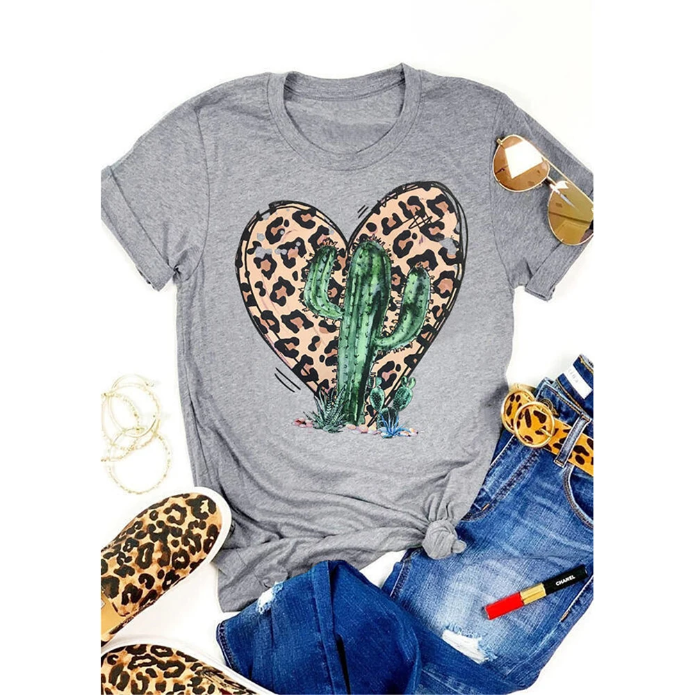 

Женская футболка в стиле Харадзюку с леопардовым принтом в виде сердца и кактуса на День святого Валентина, Винтажная футболка с круглым вы...