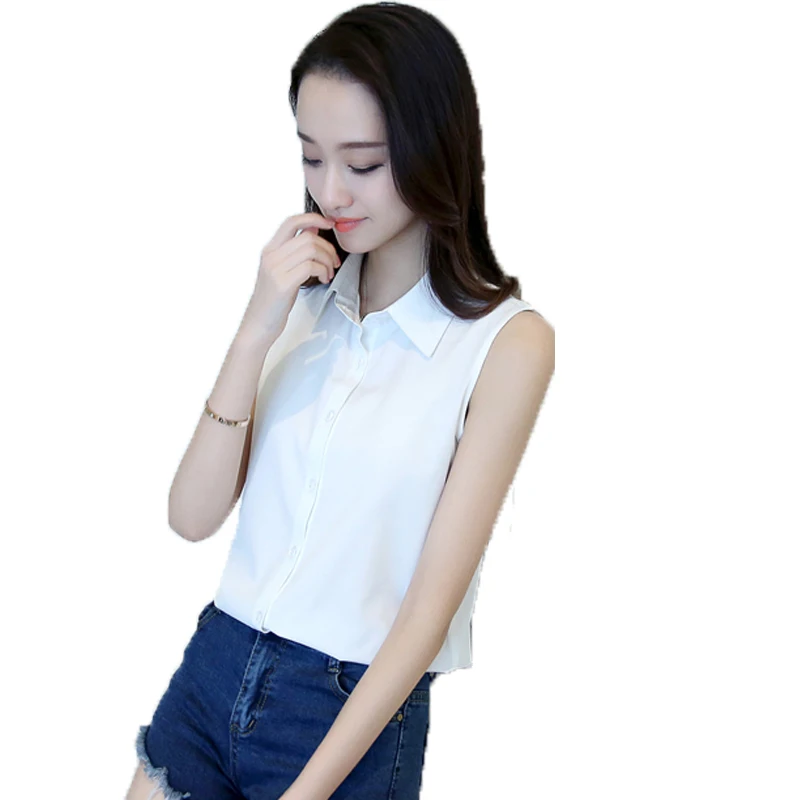 

2021 Summer New Sleeveless Women Shirts V-neck Turn-down Collar Solid White Black Office Lady Shirts Outwear Tops