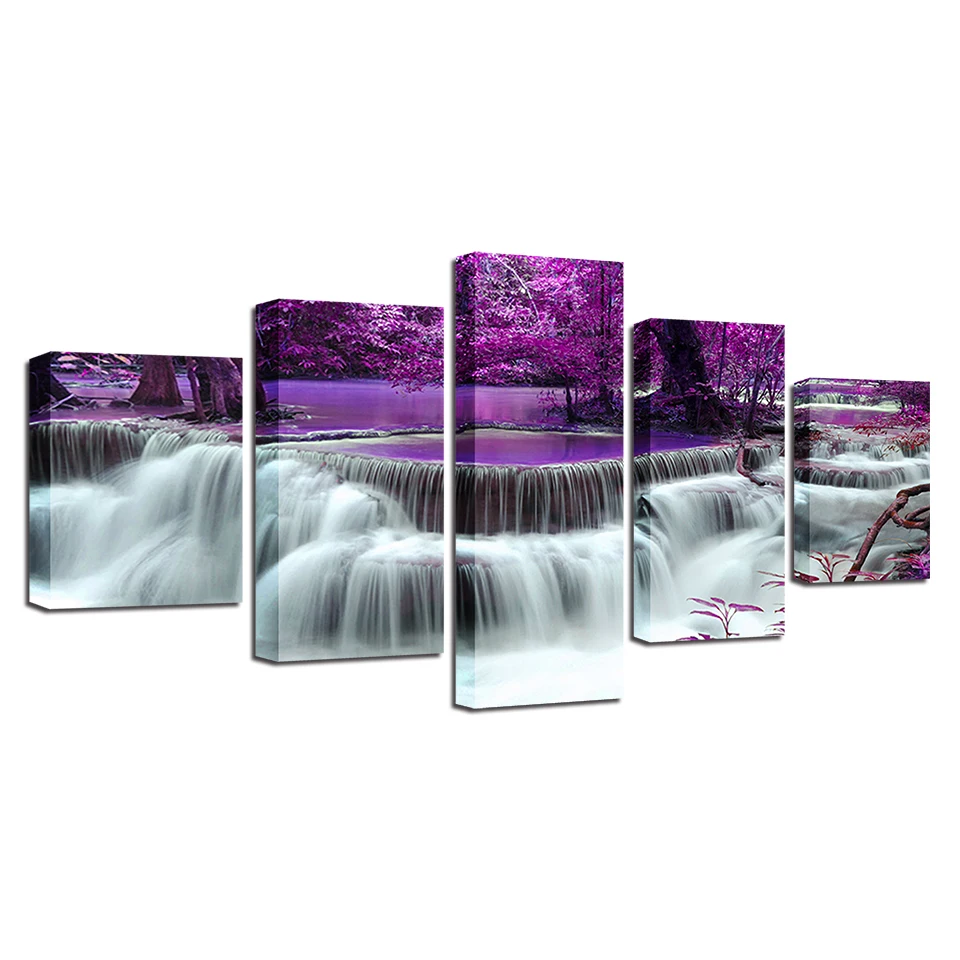 

Canvas Prints Poster Living Room Decor 5 Painting Framework Purple Forest Tree Lake Waterfall Landscape Wall Art