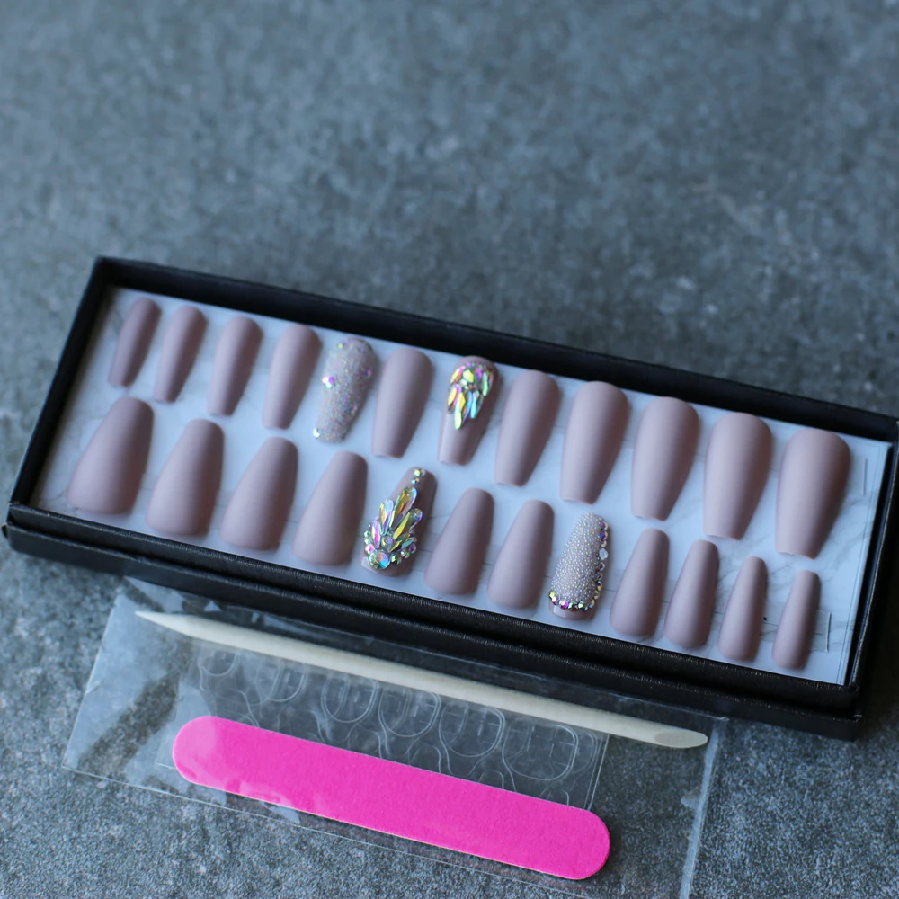 

Handmade nude coffin reusable Press on nails box 24pcs Acrylic nails crystal nails bling Microdrill glitter Ballet fasle nails