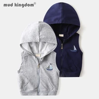 mudkingdom boy hooded vest sleeveless zipper solid sweatshirts tops for kids sailboat embroidery children clothing spring autumn
