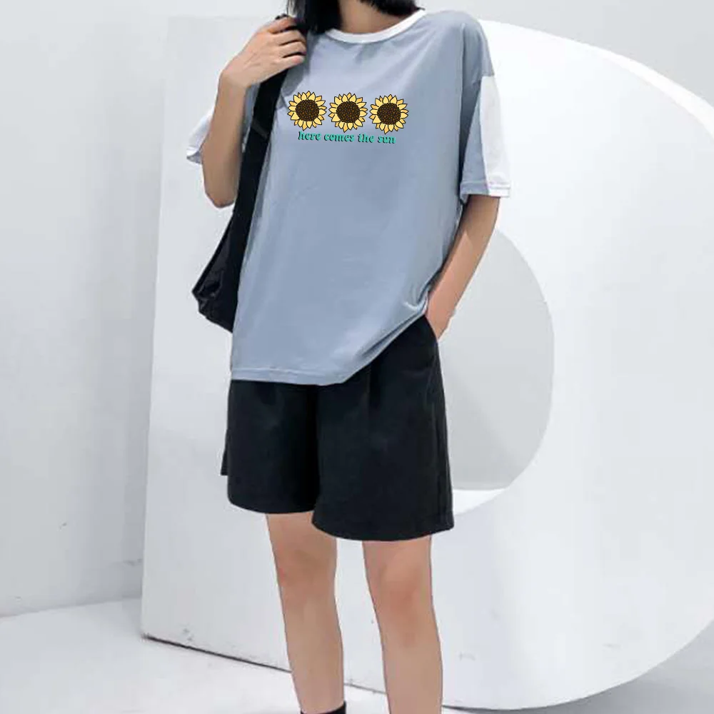 

Хлопковая футболка с цветными блоками, футболка с подсолнухами, женская одежда унисекс, блузка, повседневные рубашки, шикарная уличная одеж...