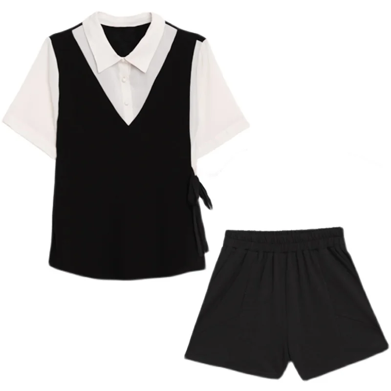 

Large size womens tencel Roman summer new fashion temperament show thin coat shorts brim two-piece outfit