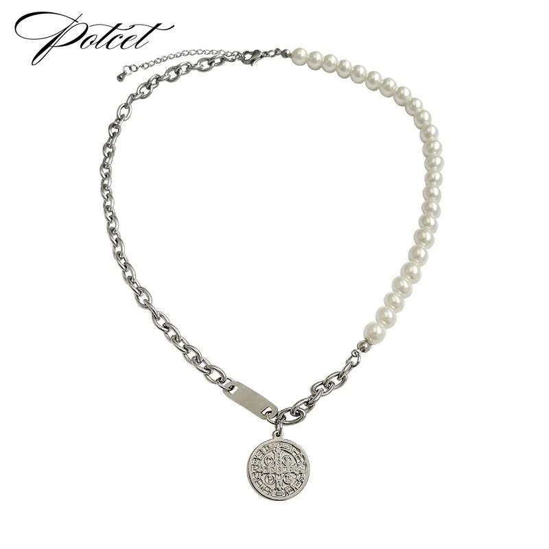 

POTCET Women's Stainless Steel Round Brand Pearl Titanium Steel Necklace Pendant Geometric Fashion Hip Hop Party Jewelry
