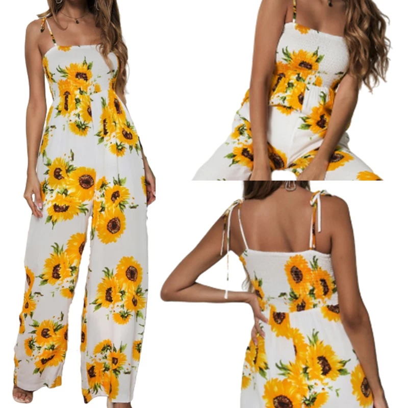Женский Летний комбинезон на тонких бретельках длинный без рукавов с принтом в