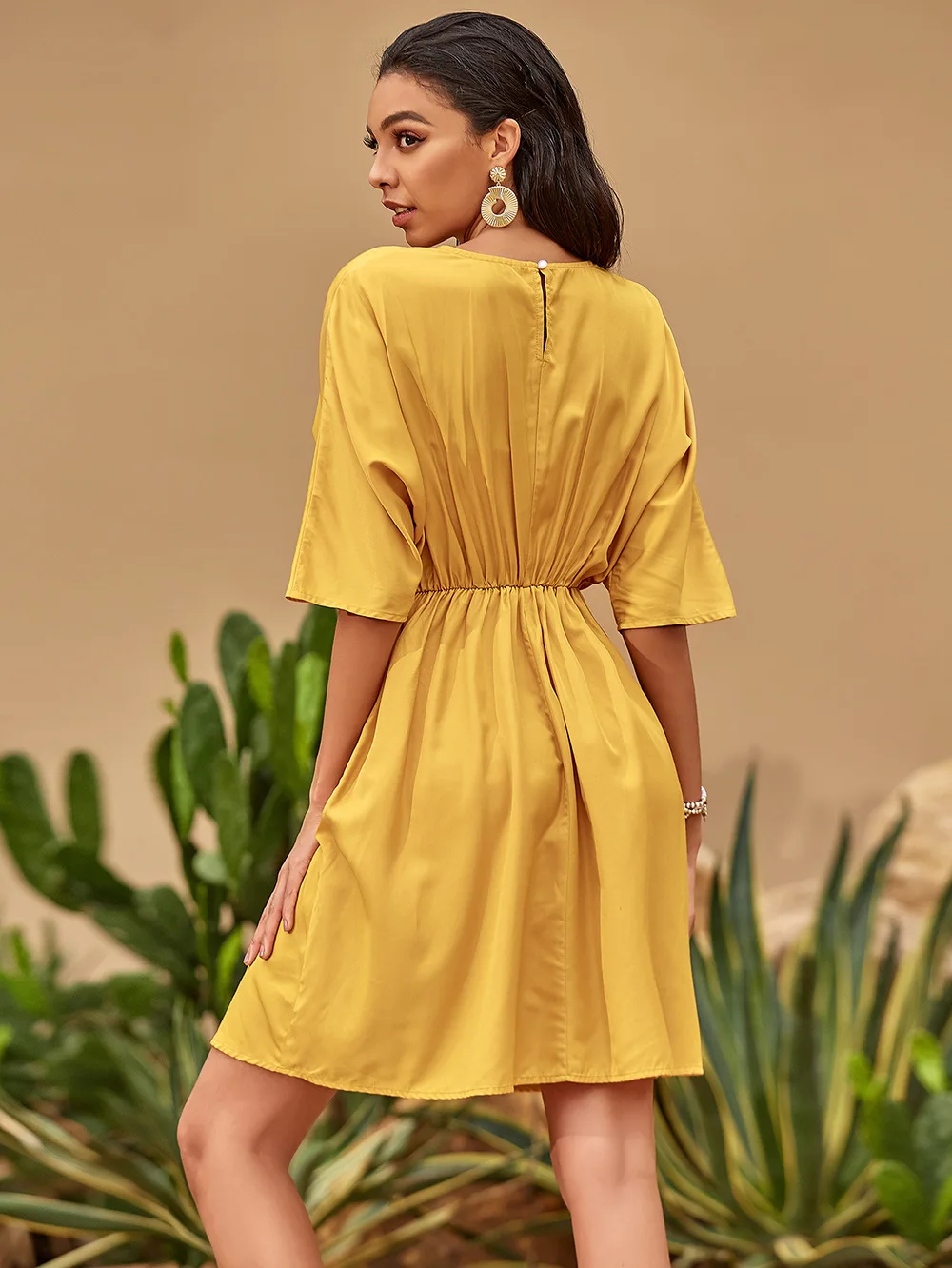 

Summer Dress 2021 Autum round-Neck High Waist Elastic Bat Half Sleeve Pleated Large Swing Mid Skirt Women Clothing Korean dress