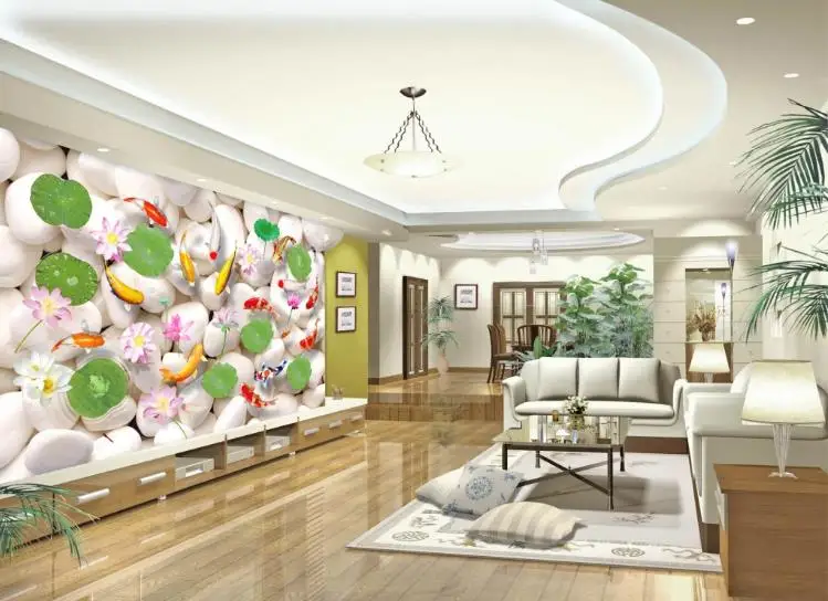 Фотообои 3D с изображением белой гальки и карпа настенная фотообои для столовой