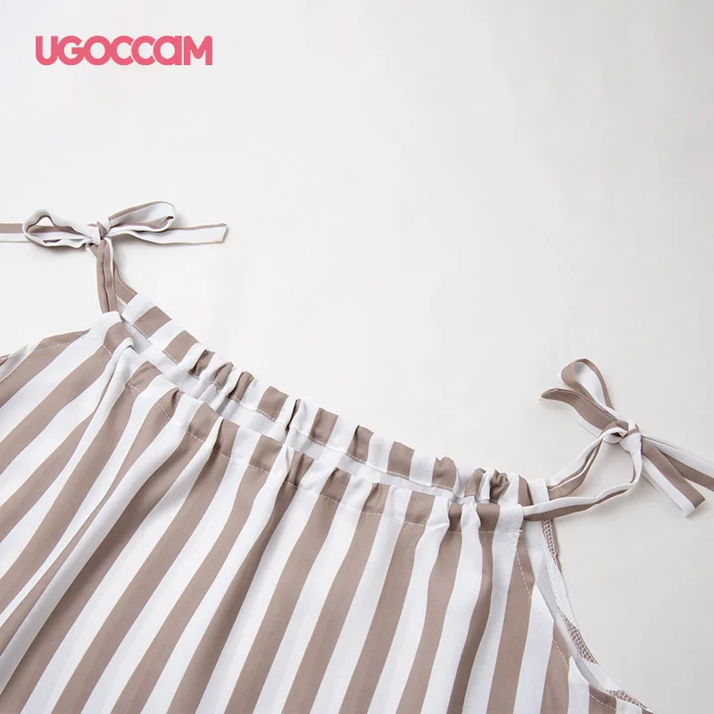 

UGOCCAM Women Sling Dresses Summer Sleeveless Drawstring Party Beach Mini Striped Dress Casual Sundresses vestido vaquero mujer